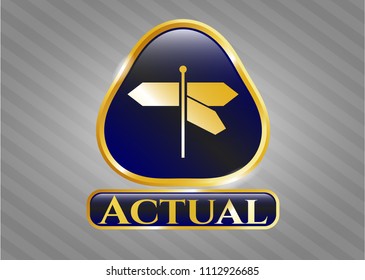   Gold badge or emblem with directions sign icon and Actual text inside