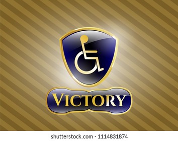  Gold badge or emblem with disabled (wheelchair) icon and Victory text inside