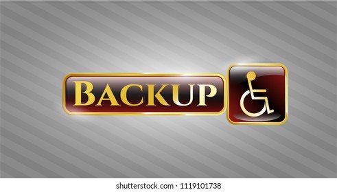  Gold badge or emblem with disabled (wheelchair) icon and Backup text inside