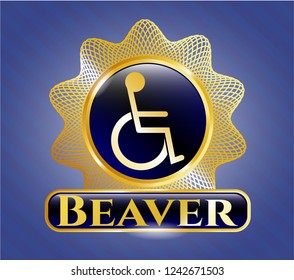  Gold badge or emblem with disabled (wheelchair) icon and Beaver text inside