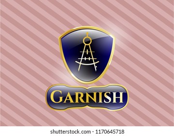  Gold badge or emblem with drawing compass icon and Garnish text inside