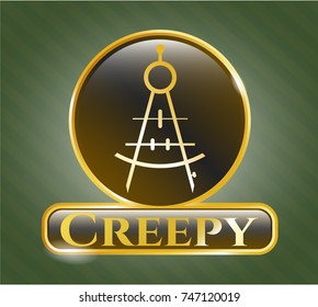  Gold badge or emblem with drawing compass icon and Creepy text inside