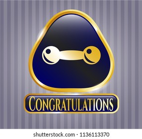  Gold badge or emblem with dumbbell icon and Congratulations text inside