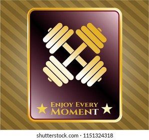  Gold badge or emblem with dumbbell icon and Enjoy Every Moment text inside