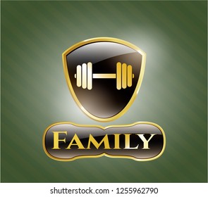  Gold badge or emblem with dumbbell icon and Family text inside