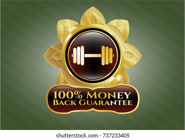  Gold badge or emblem with dumbbell icon and 100% Money Back Guarantee text inside