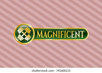  Gold badge or emblem with dumbbell icon and Magnificent text inside