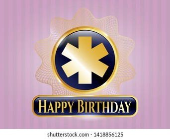 Gold badge or emblem with emergency cross icon and Happy Birthday text inside