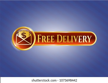  Gold badge or emblem with envelope with paper with money symbol inside icon and Free Delivery text inside