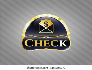  Gold badge or emblem with envelope with paper with money symbol inside icon and Check text inside