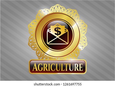  Gold badge or emblem with envelope with paper with money symbol inside icon and Agriculture text inside