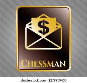  Gold badge or emblem with envelope with paper with money symbol inside icon and Chessman text inside