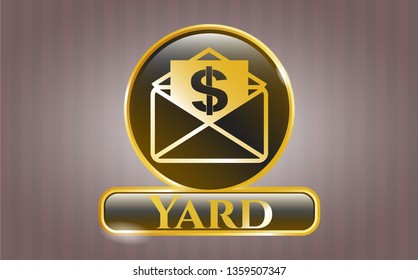 Gold badge or emblem with envelope with paper with money symbol inside icon and Yard text inside