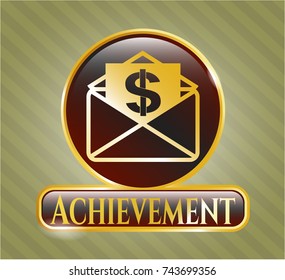  Gold badge or emblem with envelope with paper with money symbol inside icon and Achievement text inside