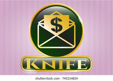  Gold badge or emblem with envelope with paper with money symbol inside icon and Knife text inside