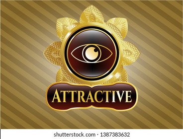  Gold badge or emblem with eye icon and Attractive text inside