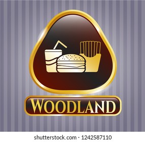  Gold badge or emblem with fast food icon and Woodland text inside