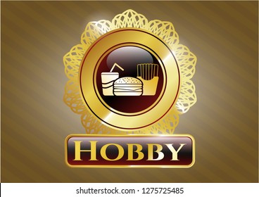  Gold badge or emblem with fast food icon and Hobby text inside