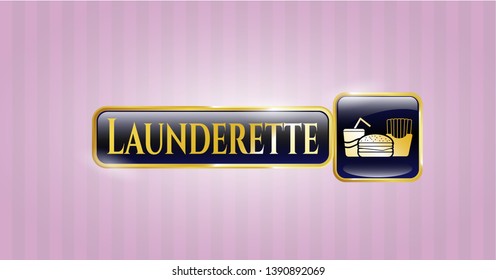  Gold badge or emblem with fast food icon and Launderette text inside