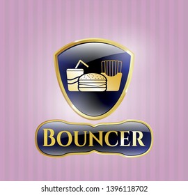  Gold badge or emblem with fast food icon and Bouncer text inside