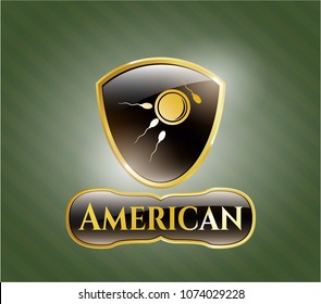   Gold badge or emblem with fertilization icon and American text inside