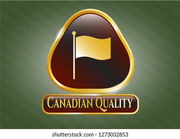  Gold badge or emblem with flag icon and Canadian Quality text inside