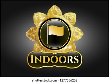  Gold badge or emblem with flag icon and Indoors text inside
