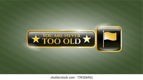  Gold badge or emblem with flag icon and You are Never too old text inside