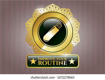   Gold badge or emblem with flash drive icon and Improve your routine text inside
