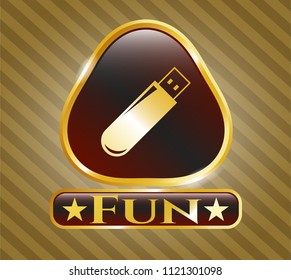  Gold badge or emblem with flash drive icon and Fun text inside