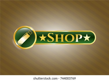  Gold badge or emblem with flash drive icon and Shop text inside