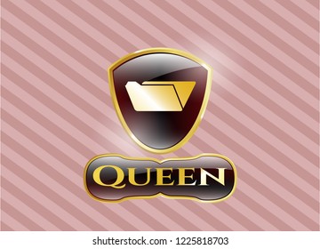  Gold badge or emblem with folder icon and Queen text inside
