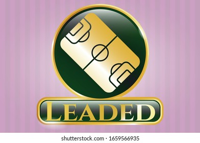  Gold badge or emblem with football field icon and Leaded text inside
