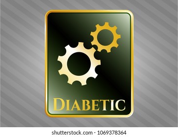  Gold badge or emblem with gear, team work icon and Diabetic text inside