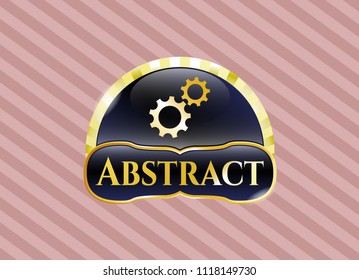  Gold badge or emblem with gear, team work icon and Abstract text inside