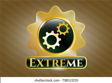 Gold badge or emblem with gear, team work icon and Extreme text inside