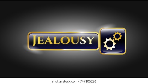  Gold badge or emblem with gear, team work icon and Jealousy text inside