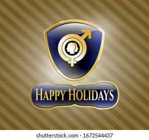  Gold badge or emblem with gender dysphoria icon and Happy Holidays text inside