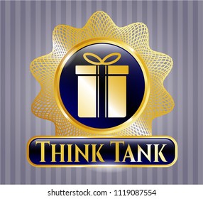  Gold Badge Or Emblem With Gift Box Icon And Think Tank Text Inside