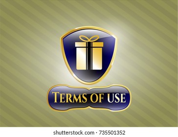  Gold badge or emblem with gift box icon and Terms of use text inside