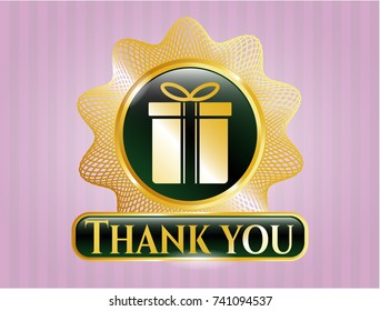  Gold badge or emblem with gift box icon and Thank you text inside