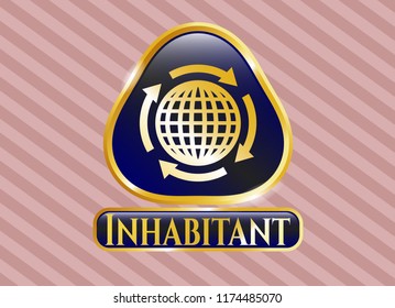  Gold badge or emblem with globalization icon and Inhabitant text inside