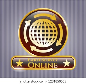  Gold badge or emblem with globalization icon and Earn Money Online text inside
