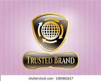  Gold badge or emblem with globalization icon and Trusted Brand text inside