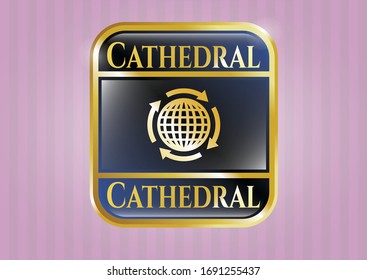  Gold badge or emblem with globalization icon and Cathedral text inside