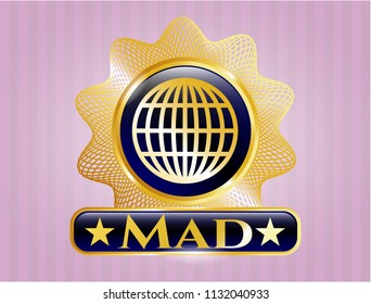  Gold badge or emblem with globe, website icon and Mad text inside
