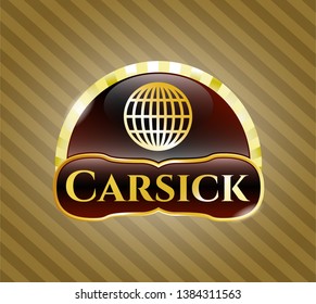  Gold badge or emblem with globe, website icon and Carsick text inside