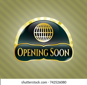  Gold badge or emblem with globe, website icon and Opening Soon text inside