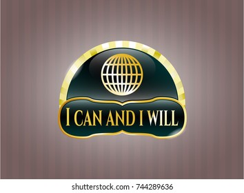  Gold badge or emblem with globe, website icon and I can and i will text inside
