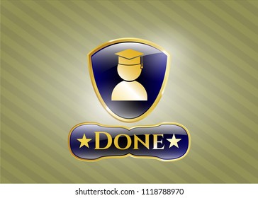  Gold badge or emblem with graduation icon and Done text inside